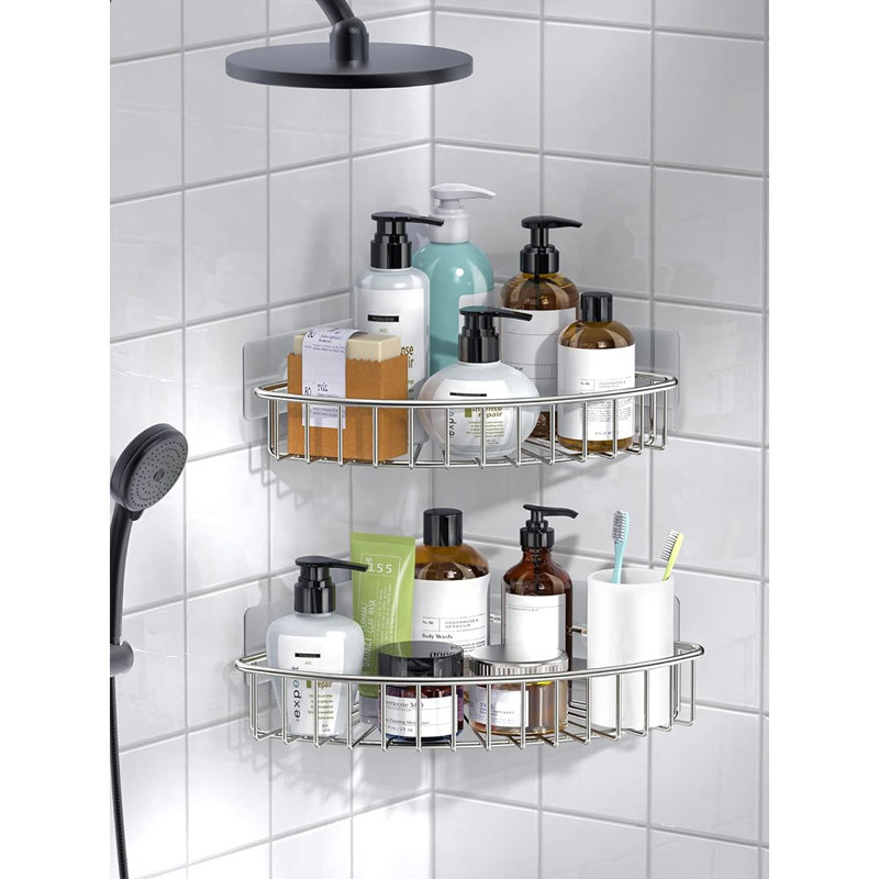 Ensemble de 2 paniers de douche d'angle, étagère de salle de bain murale en acier inoxydable avec adhésif SUS304, rangement, argent