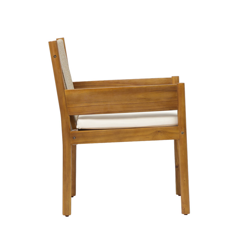 Ensemble repas en bois d'acacia moderne Mid-Century à 6 pesons Celia avec table à lattes de 71 pouces, fauteuils et coussins en corde tissée