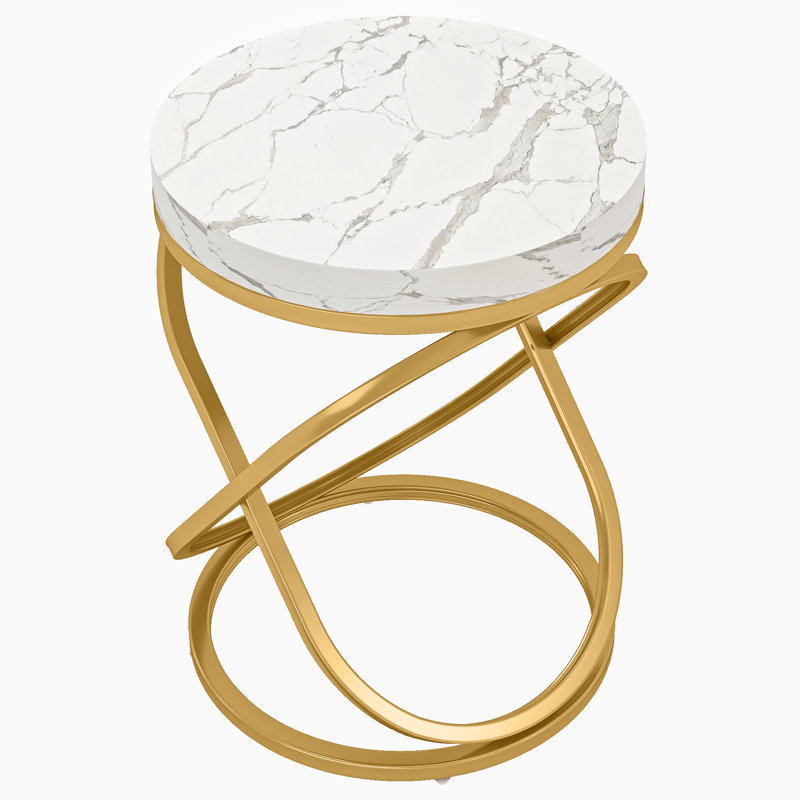 26'' White and Gold Faux Marble Top Round End Table