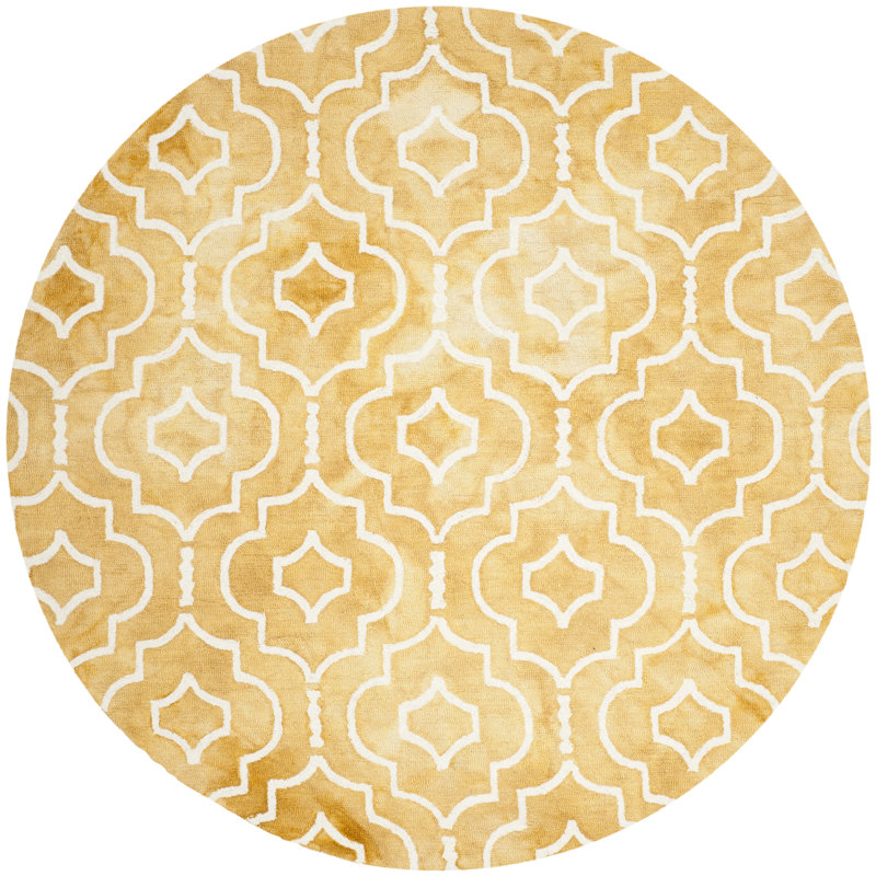 Tapis jaune / ivoire en laine touffeté fabriqué à la main à motif géométrique, Rond 7 pi