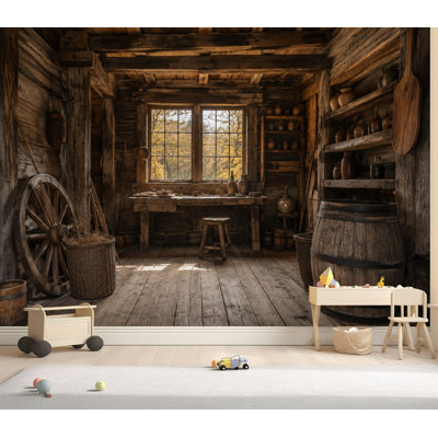 Wall Mural Peel and Stick Wallpaper Rustic Wooden Cabin Interior Vintage Barrel Shelves Warm Natural Light Self-Adhesive Removable Contact Paper Wall Decor for Living Room Bedroom 69"H x 96"W