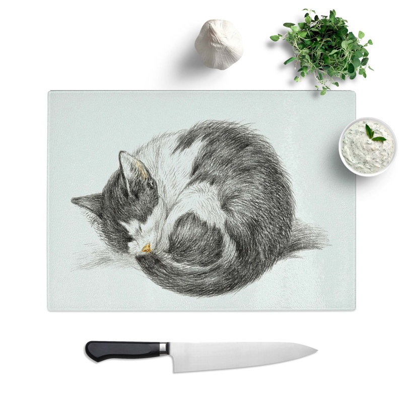 Tempered Glass a Curled Cat Chopping Board, 28.5 cm W x 20 cm L