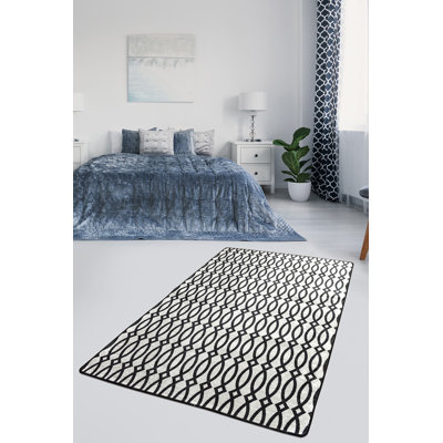Tapis moderne 5,2 x 7,5 pi, noir et blanc, 100% polyester | Hauteur des poils doux: 0,2 po, épaisseur totale: 0,4 po | Antibactérien, antidérapant, dessous lavable à la machine | Parfait pour le salon, la chambre à coucher et le bureau