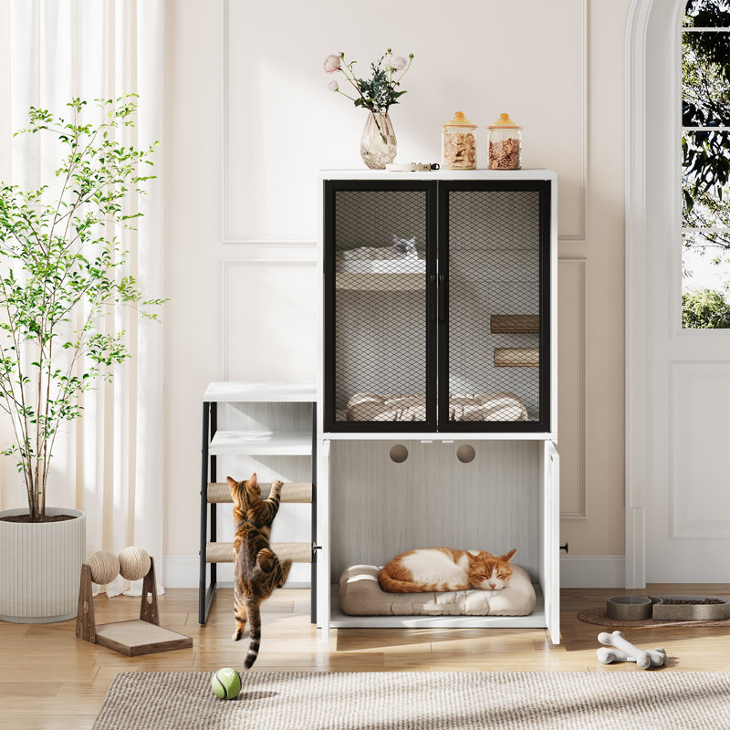 Meuble de litière pour chat double couche avec plateforme, échelle, hamac et porte en filet métallique, maisonnette d'intérieur moderne pour chats multiples