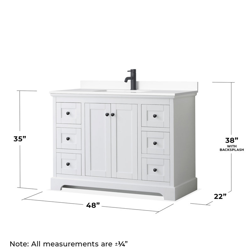 Avery 48'' Single Bathroom Vanity with Marble Top, White Cultured Marble, White, Matte Black