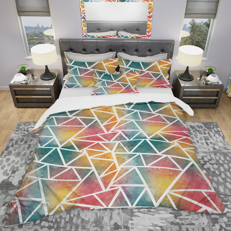 Colored Triangle Pattern with Grunge Effect - Modern Duvet Cover Set - Microfiber Polyester, King Duvet Cover + 2 Shams