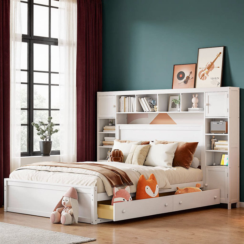 Grand lit en bois avec armoire tout-en-un, tablette et prises, blanc, Blanc