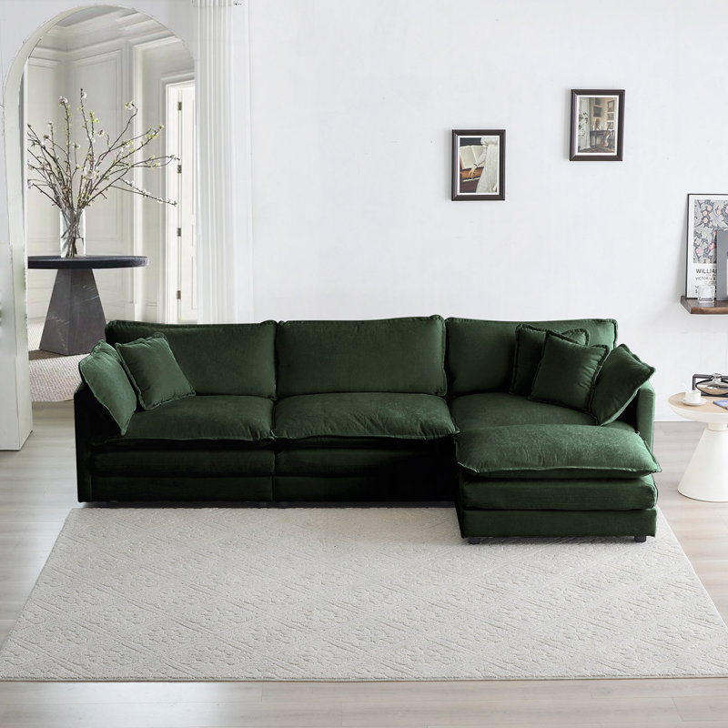Canapé avec un repose-pieds, Velours côtelé vert, H 33,85 po x l 115,34 po x P 34,25 po