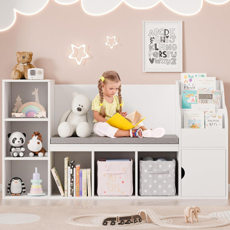 Kids Bookshelf with Reading Nook, Toddler Bookcase Bench with Seat Cushion and 7 Storage Cubbies