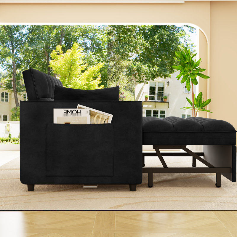 Convertible Velvet Sleeper Bed For Living Room Or Apartment, 2 - Seat Love Seat, 3 Adjustable Angles, Side Pockets Keys, Black