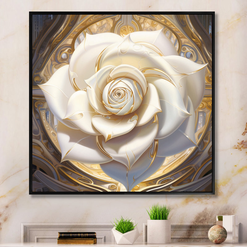 «Exquis White Rose Delicate Glam Illustration», reproduction sur toile, Cadre flottant noir, H 16 po x l 16 po x P 1 po