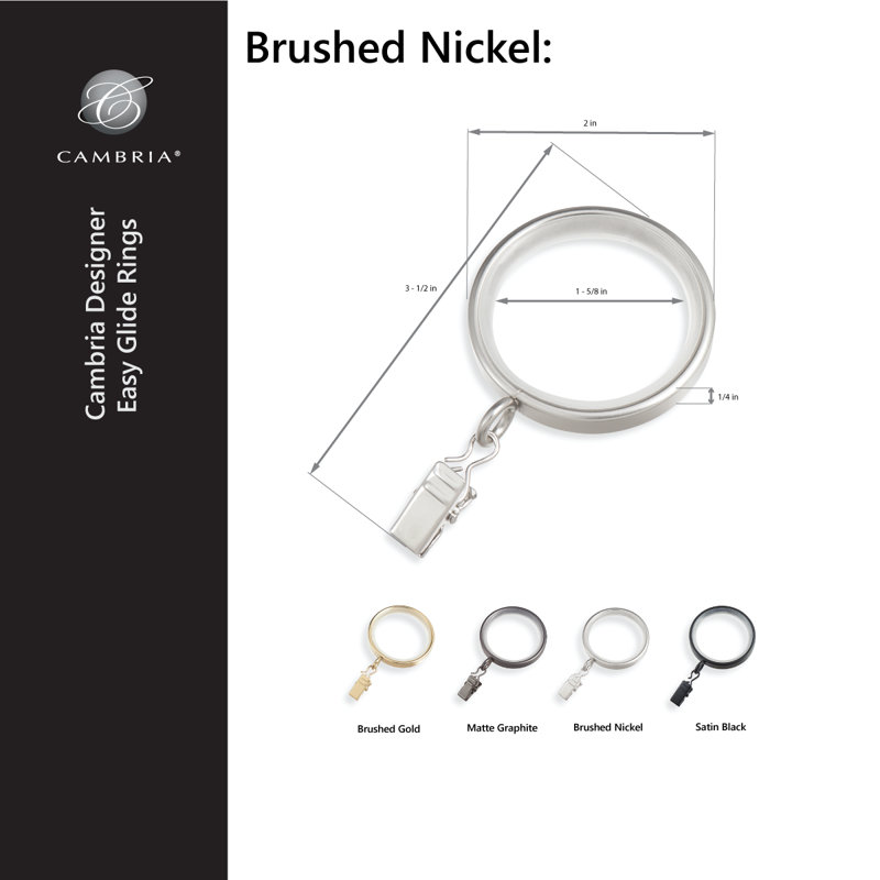 Cambria Designer Series 2 inch Premium Easy Glide Metal Curtain Rings with Smooth, Quiet Nylon Inserts, Brushed Nickel