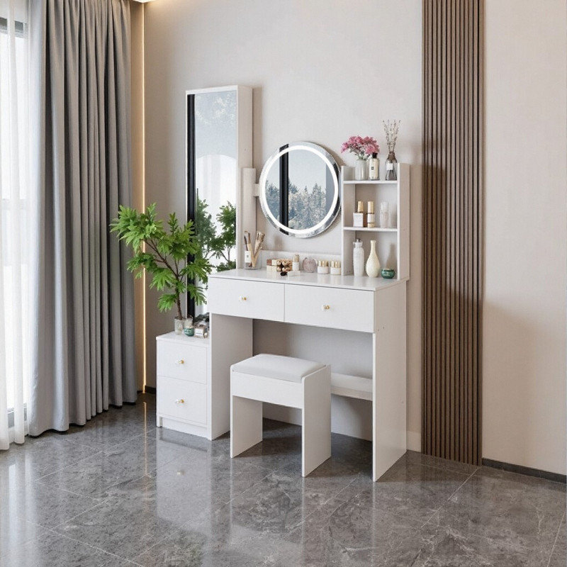 63 Inch Full Body Mirror Vanity Set with LED Table, 3-Color Adjustable Dressing Station with Storage Stool, White