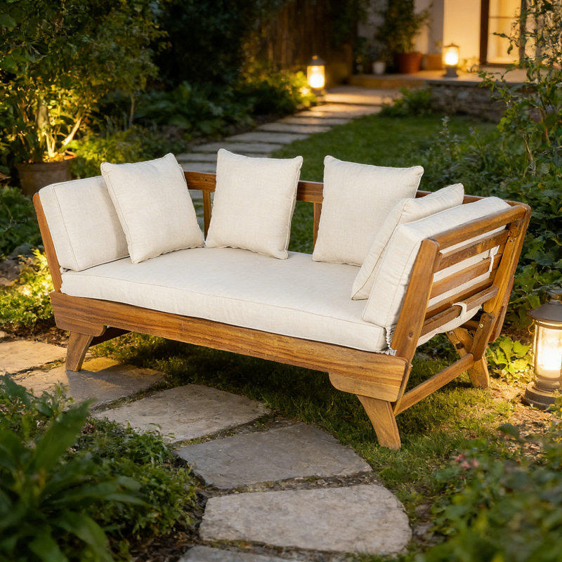 Outdoor 3-in-1 Patio Daybed Sofa - Convertible Acacia Wood Frame with Removable Beige Cushions