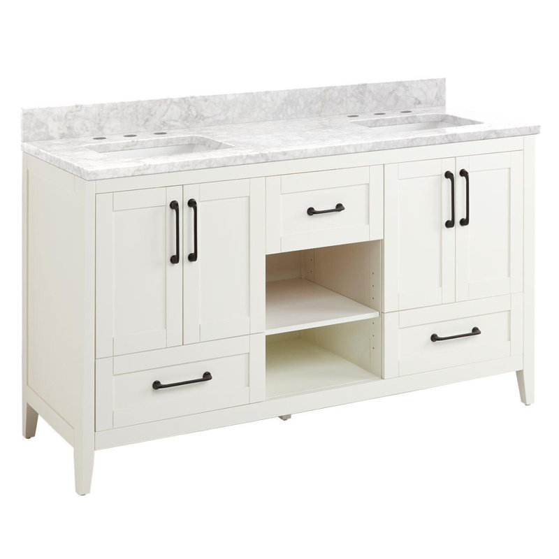 Ensemble de meuble-lavabo double 61 po avec lavabo encastré rectangulaire Burfield, Marbre de Carrare, 8 po, Bambou naturel