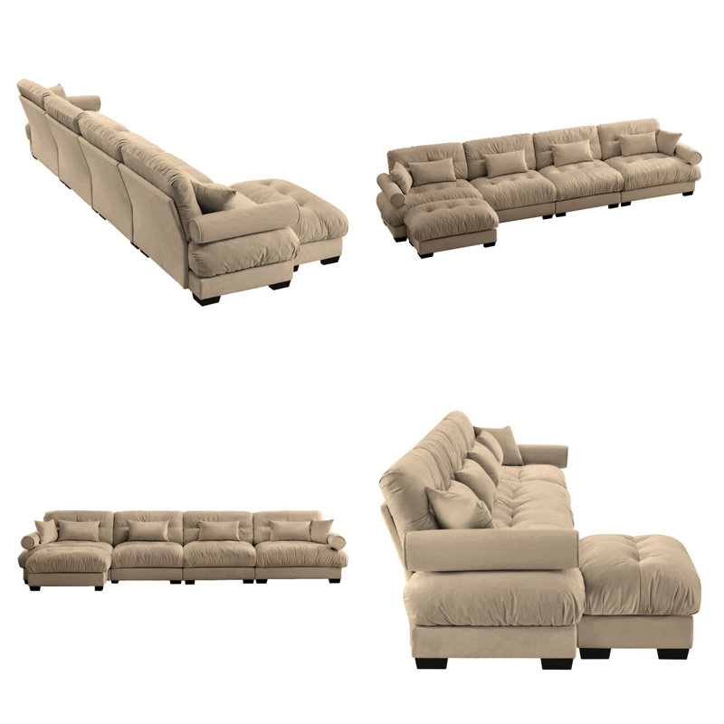 Canapé modulaire convertible 4 places rembourré en velours avec coussins lombaires, coussins décoratifs et accoudoirs rembourrés