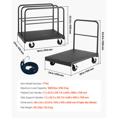 Drywall Cart Dolly, 1800 lbs Load Capacity, 2-in-1 Steel Panel Truck Cart with 5 inch Swivel Casters, 36 x 24 inch Platform Truck with 4 Side Handrails for Factory, Warehouse, Garage, Black