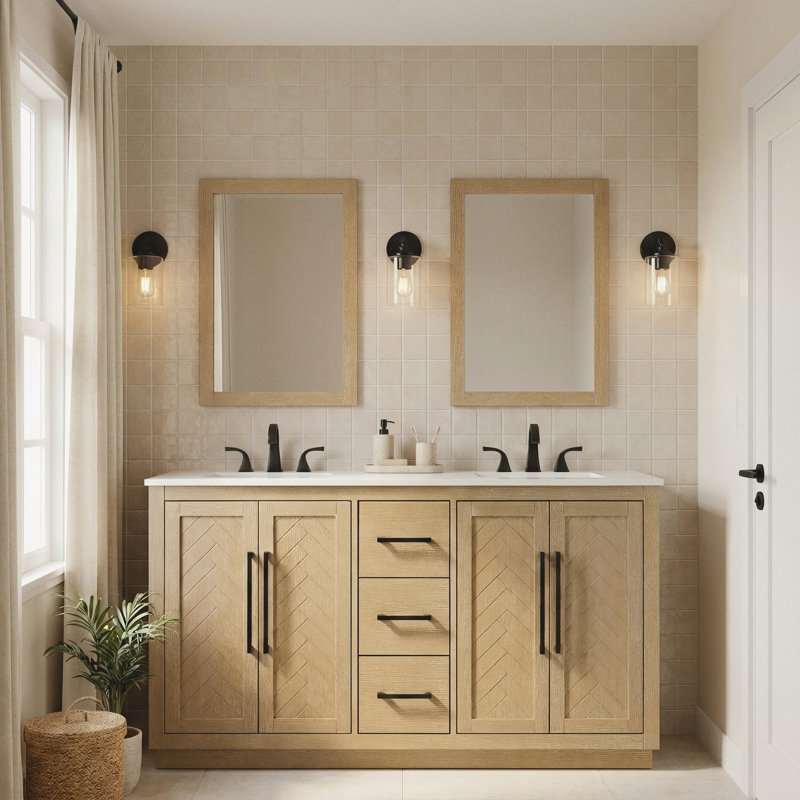 Meuble-lavabo double 72 po, Lin chêne, 60"