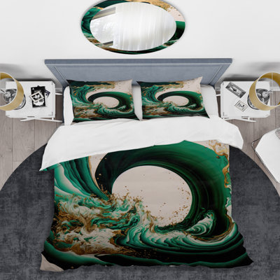 Ensemble de housse de couette Emerald Green and Gold Abstract Waves IV BeddingMicrofiber / Polyester