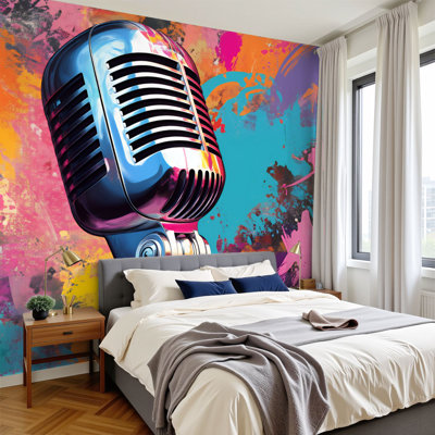 Music Peel and Stick Wallpaper Music Graffiti Artwork Microphone Colorful Splashes Geometric Patterns Wall Murals 100"H x 144"W Removable PVC Wall Paper Self-Adhesive Wall Decor for Bedroom Living Room Home Office