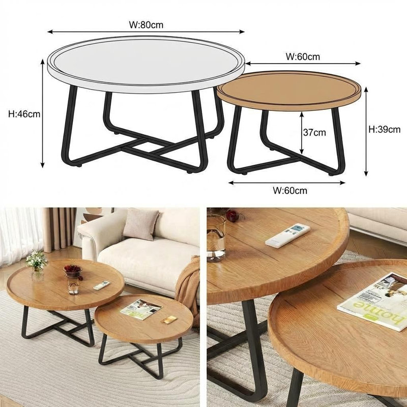 Mid Century Modern Nesting Coffee Table Set – 2-Piece Fluted Round Wood Tables – Sturdy Metal Frame, Easy Assembly – Space-Saving Design for Living Room, Bedroom, Office, Balcony, Yard