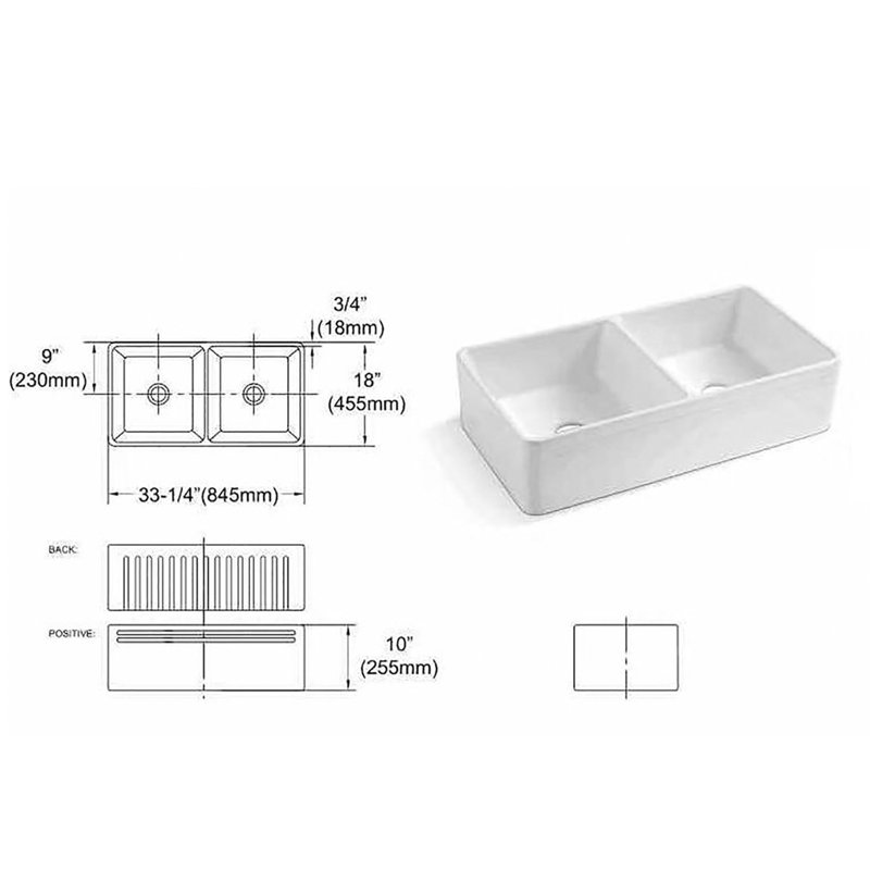 33'' L Double Bowl Ceramic Kitchen Sink