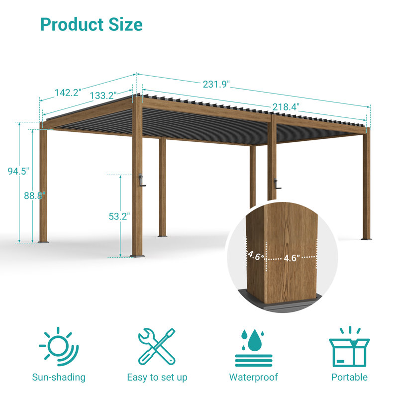 Aluminum Pergola with Adjustable Louvers for Outdoor with Rainproof Canopy, Wood Grain, 12 ft x 20 ft