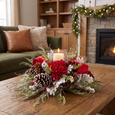 Holiday Candle Holder with Hydrangeas and Pinecones