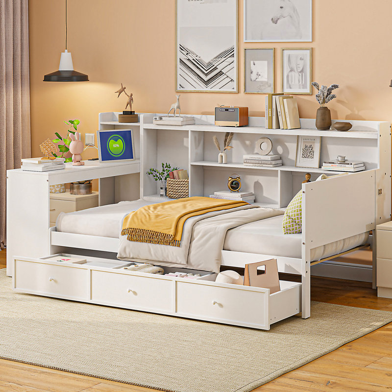 Lit de jour simple avec 3 tiroirs, ports et bureau en bois de pin massif pour le confort de la chambre à coucher