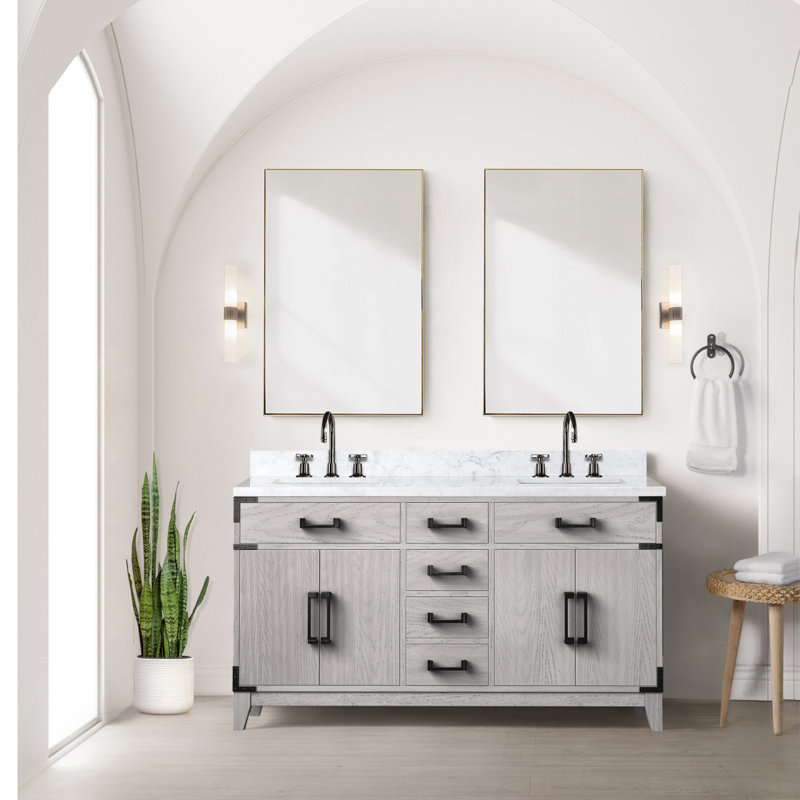 Meuble-lavabo double en chêne blanc 60 po X P 22 po D, avec plateau en marbre de Carrare, Chêne blanc
