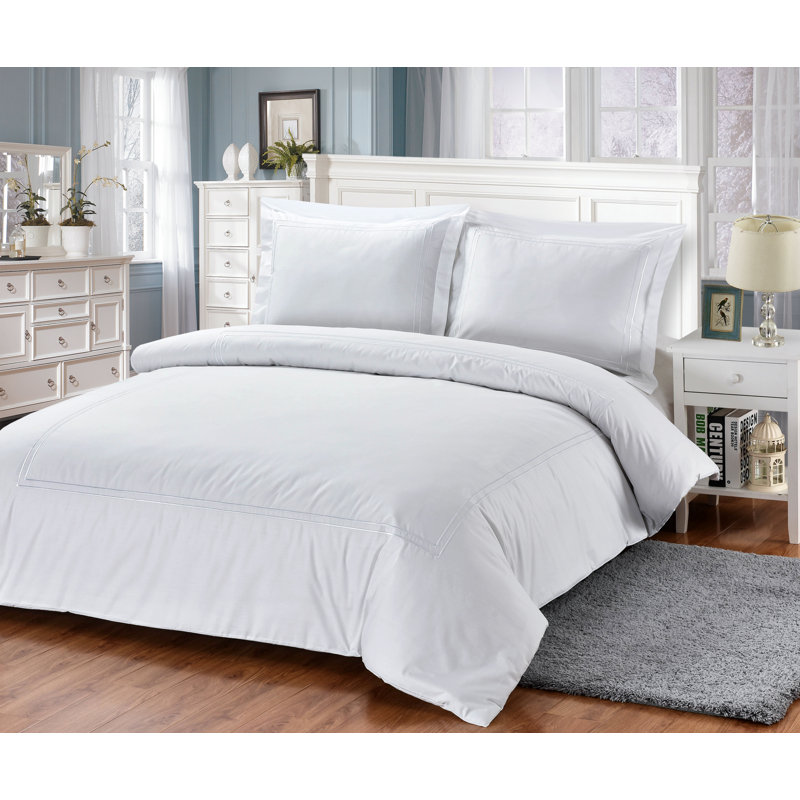 Twin White Cotton French Hotel Border 8-Piece Duvet Cover Set