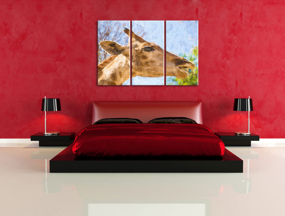 3-tlg. Leinwandbilder-Set „Anmutige Giraffe isst“, Kunstdruck 