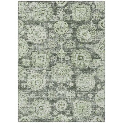 HomeRoots 9' X 12' Artichoke Green And Olive Green Floral Washable Indoor Outdoor Area Rug