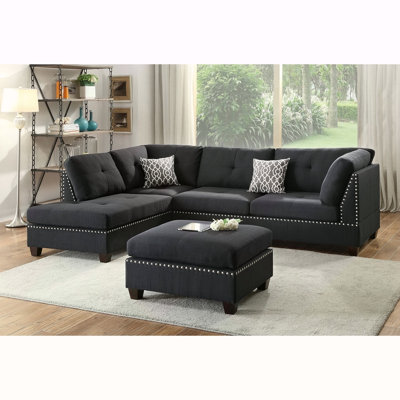 Reversible Polyfiber Sectional Sofa With Ottoman, Black
