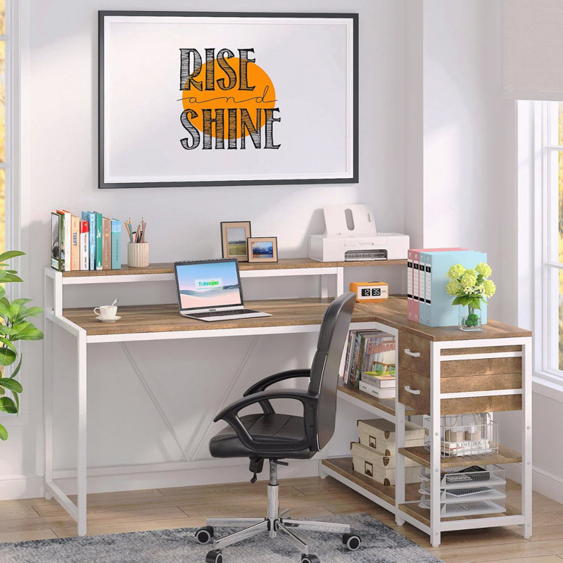 Ebern Designs 55-Inch L-Shaped Home Office Desk, Beige & White ...
