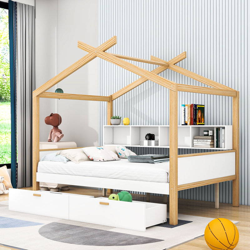 Lit maison en bois 2 tiroirs avec tablettes, Complète