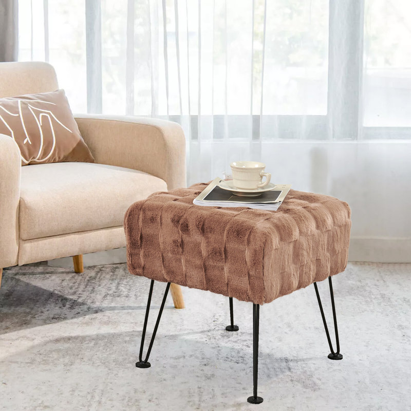 Emilijus Upholstered Ottoman, Taupe Faux Fur