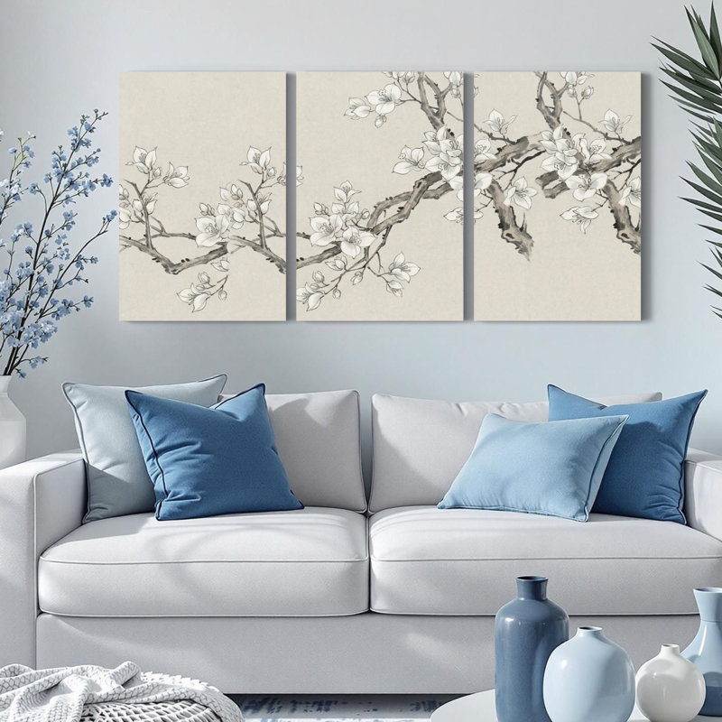 Ensemble de 3 tableaux muraux sur toile de style oriental, motif branches de cerisier en fleurs, H 30 po x l 60 po