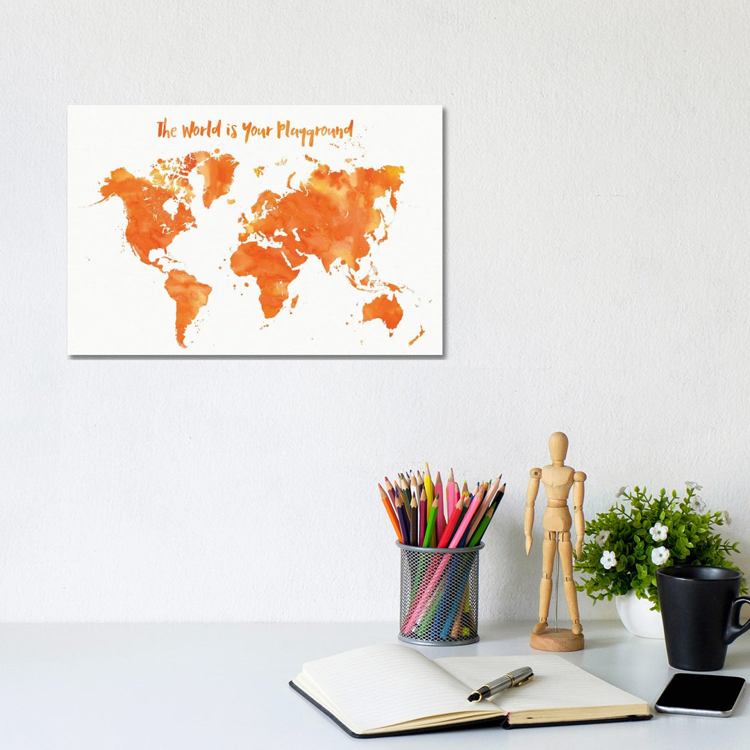 Orange Aquarell Kinderzimmer Weltkarte von Blursbyai - Galerie-verpackt Leinwand Giclée