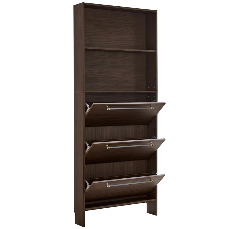 Shoe Cabinet With 3 Flip Drawers,Narrow Shoe Rack Cabinet, Entryway Shoe Storage Cabinet With Open Shelves, Freestanding Hidden Shoe Rack Organizer With Solid Wood Legs For Hallway, Living Room, Large