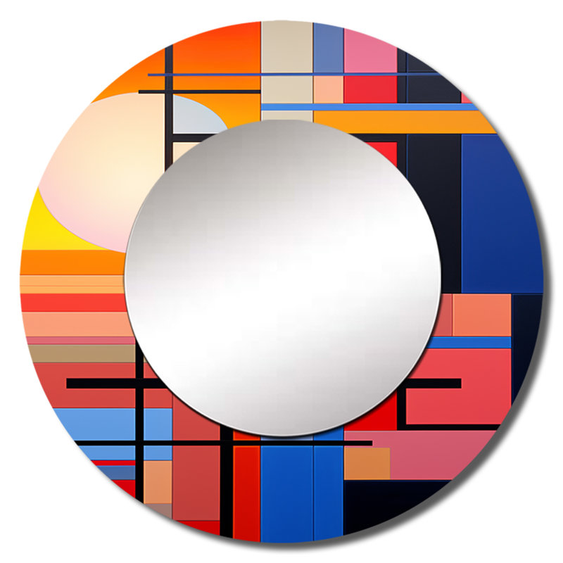 Shannia De Stijl Geometric Pastel Harmony III - Sunset Wall Mirror, Red Round Decorative Mirror, Printed Metal Art, 29" x 29"