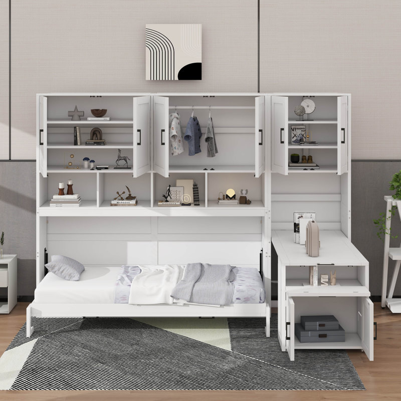 Lit escamotable simple avec placard, tiroirs et bureau