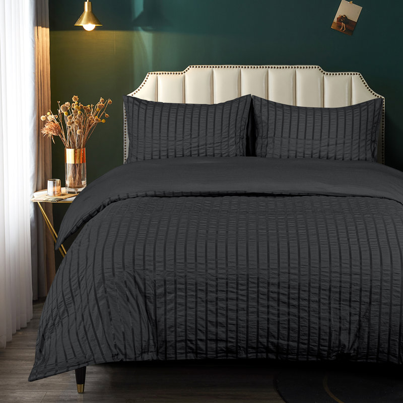 3 Pieces Duvet Cover Set, Stripe Washed Microfiber Comforter Cover with Zipper Closure - NTBAY, Black