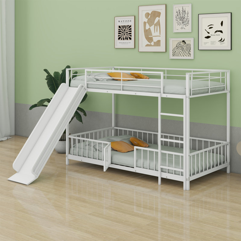 Metal Bunk Bed With Slide And Guardrails, Full Over Full, White