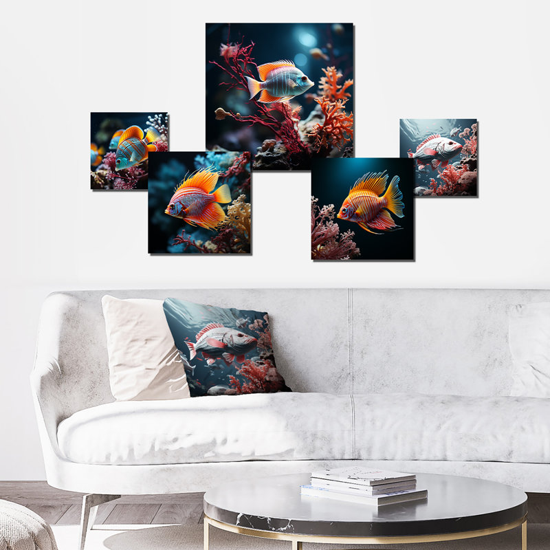 Magnifiques poissons-papillons bleus et oranges - Ensemble de 5 art mural corail sous l'eau