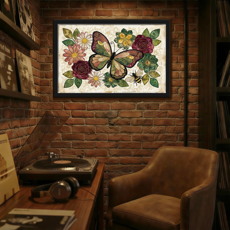 Animaux, papillon, fleurs, feuilles, motif d'abeilles, conception artistique, style rétro, H 24 po x l 36 po