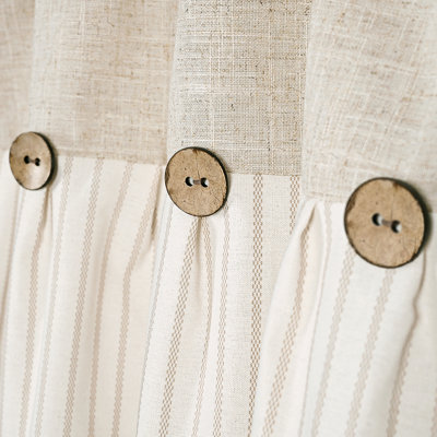 Farmhouse Rustic Beige Cotton Blend Striped Pleated Valance Curtain With Coconut Buttons For Kitchen, Living Room, Bedroom, Bathroom, 52" W X 18" L