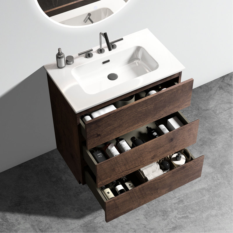 Meuble-lavabo en noyer avec lavabo. Fonctionnement silencieux, rangement élargi. Unité autoportante. Bassin blanc. Meuble-lavabo moderne pré-assemblé. Rangement riche, performance. Style ergonomique. Évier