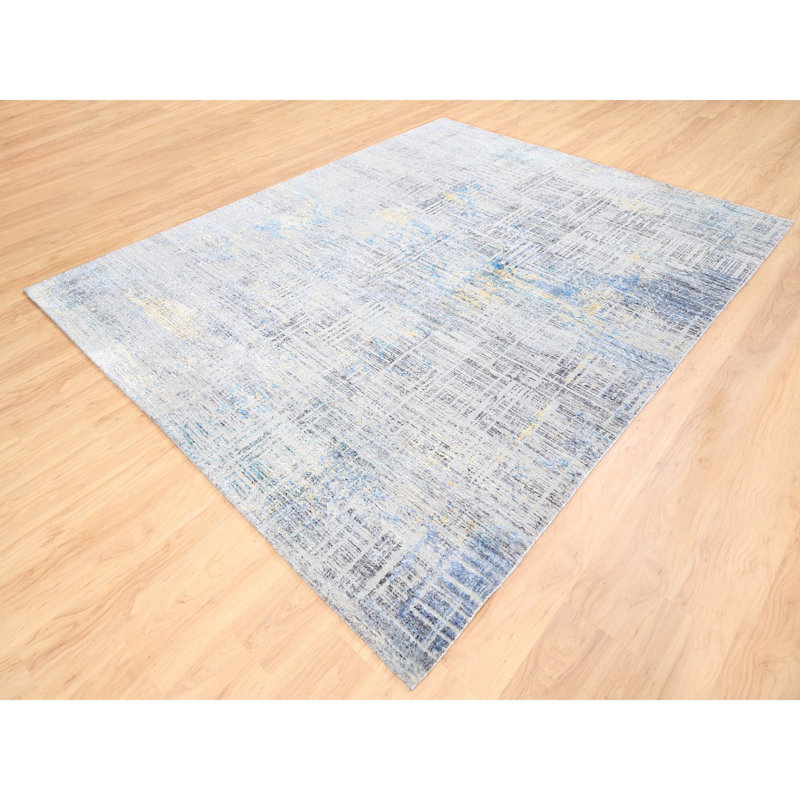 Tapis noué à la main 8 pi 1 po x 10 pi gris avec touches de laine et de soie bleues et jaunes E39BE8FE7B334BA0AC5FF86B08F25C76