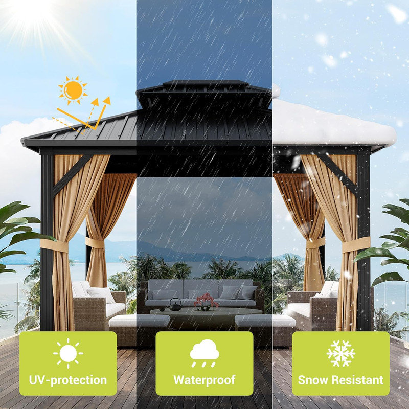 10x10FT Aluminum Hardtop Gazebo with Double Roof, Curtains & Netting for Garden & Patio
